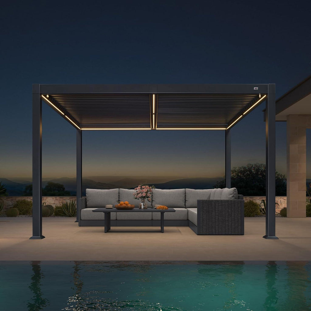 PURPLE LEAF Caesar Solar Louvered Pergola with LED Strip Lights and Control Panel Aluminum Outdoor Pergola with Adjustable Roof for Patio Deck Garden Yard Gray