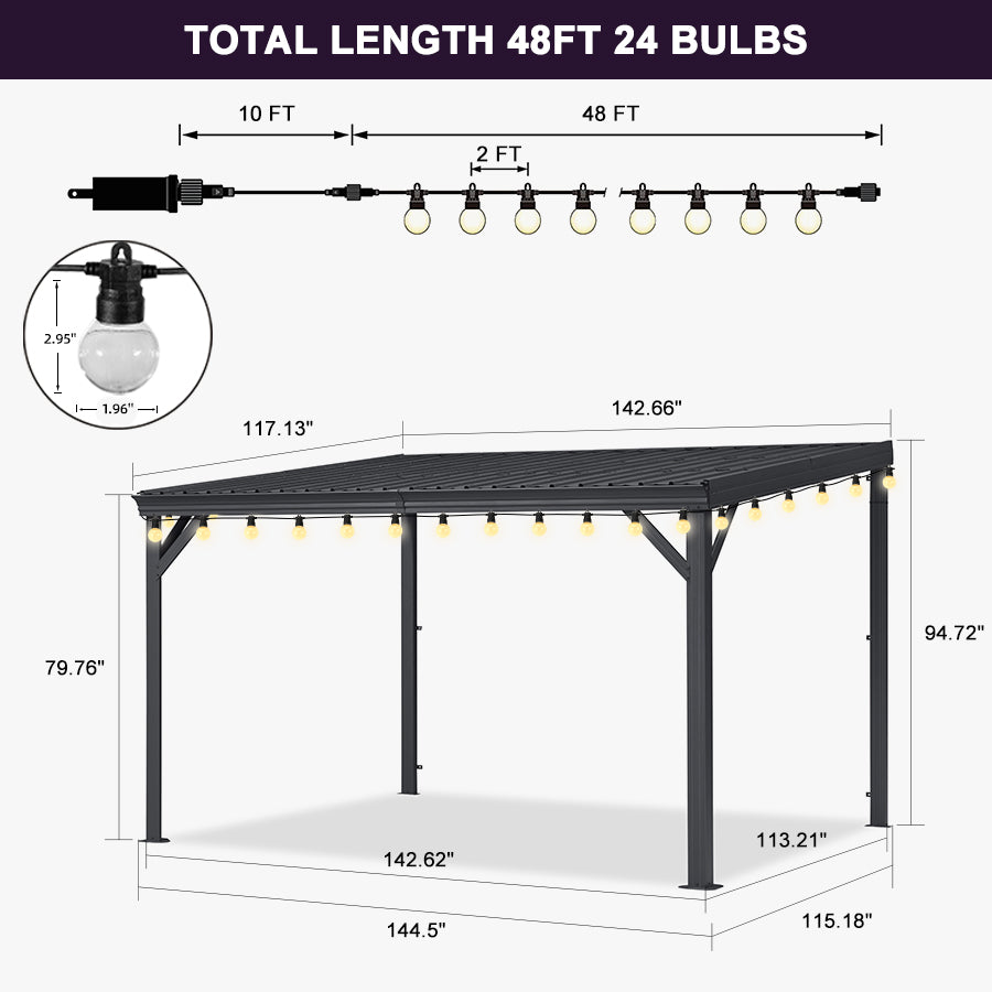 PURPLE LEAF Lean to Gazebo Metal Roof Patio Cover Built-in Drain Slots Wall Mounted Gazebo with Lights-clear for Outdoor Extension