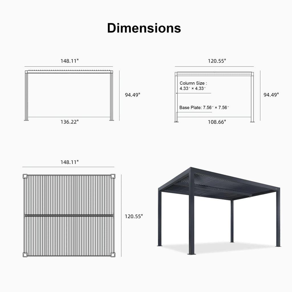 PURPLE LEAF Athena Louvered Pergola Grey Outdoor Aluminum Pergola with Solid Color Roller Blind Adjustable Gazebo for Patio Deck Garden