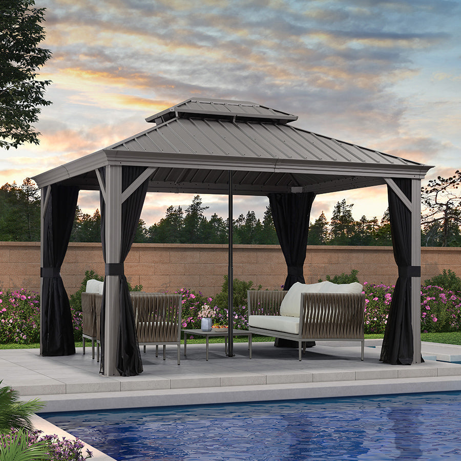 PURPLE LEAF Patio Gazebo for Pool Light Grey Hardtop Galvanized Steel Roof with Reinforcement Support Rod