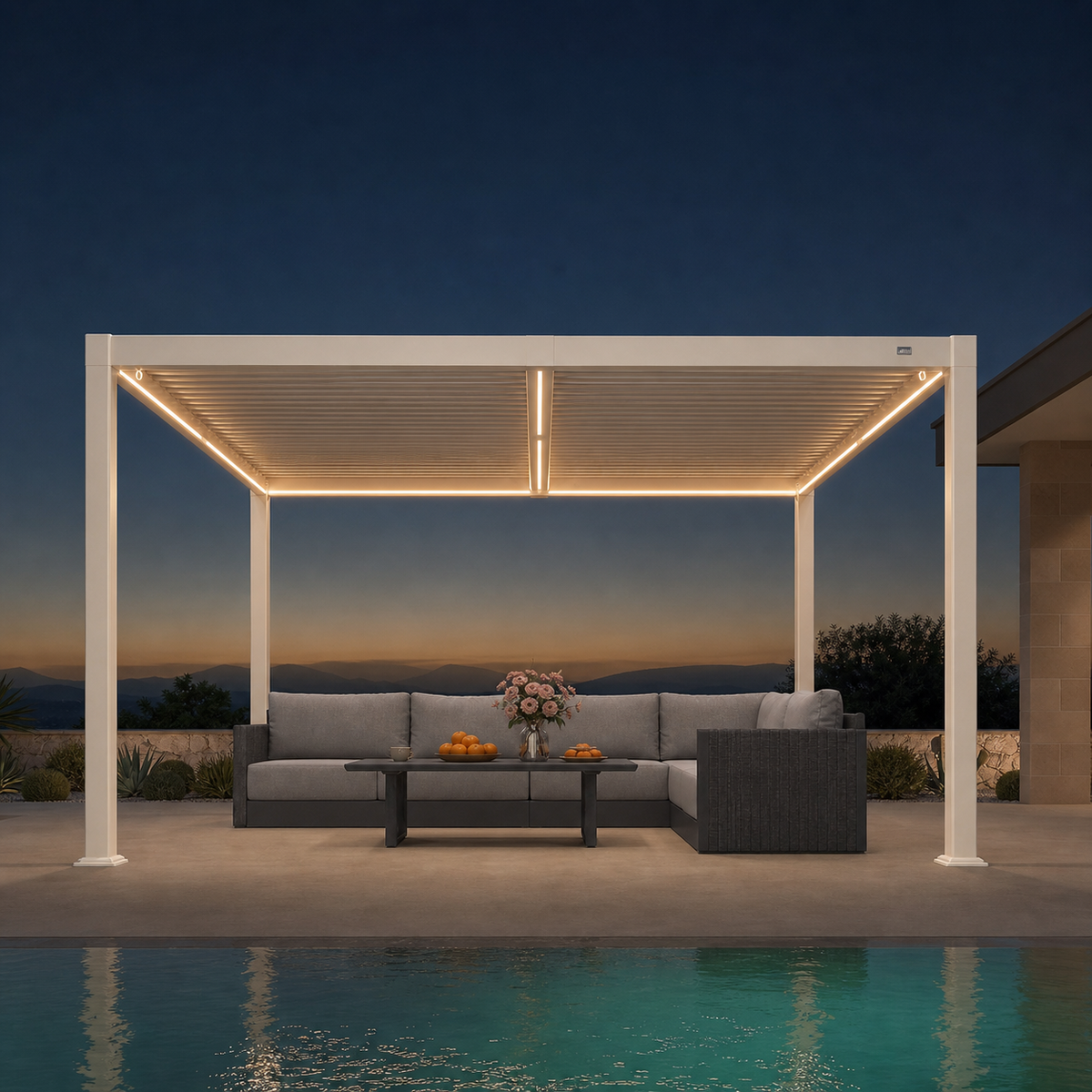 PURPLE LEAF Caesar LED Louvered Pergola with Integrated Solar Strip Lights Adjustable Aluminum Louvers Wind Resistant Pergolas for Patio Dining Deck Garden Yard White