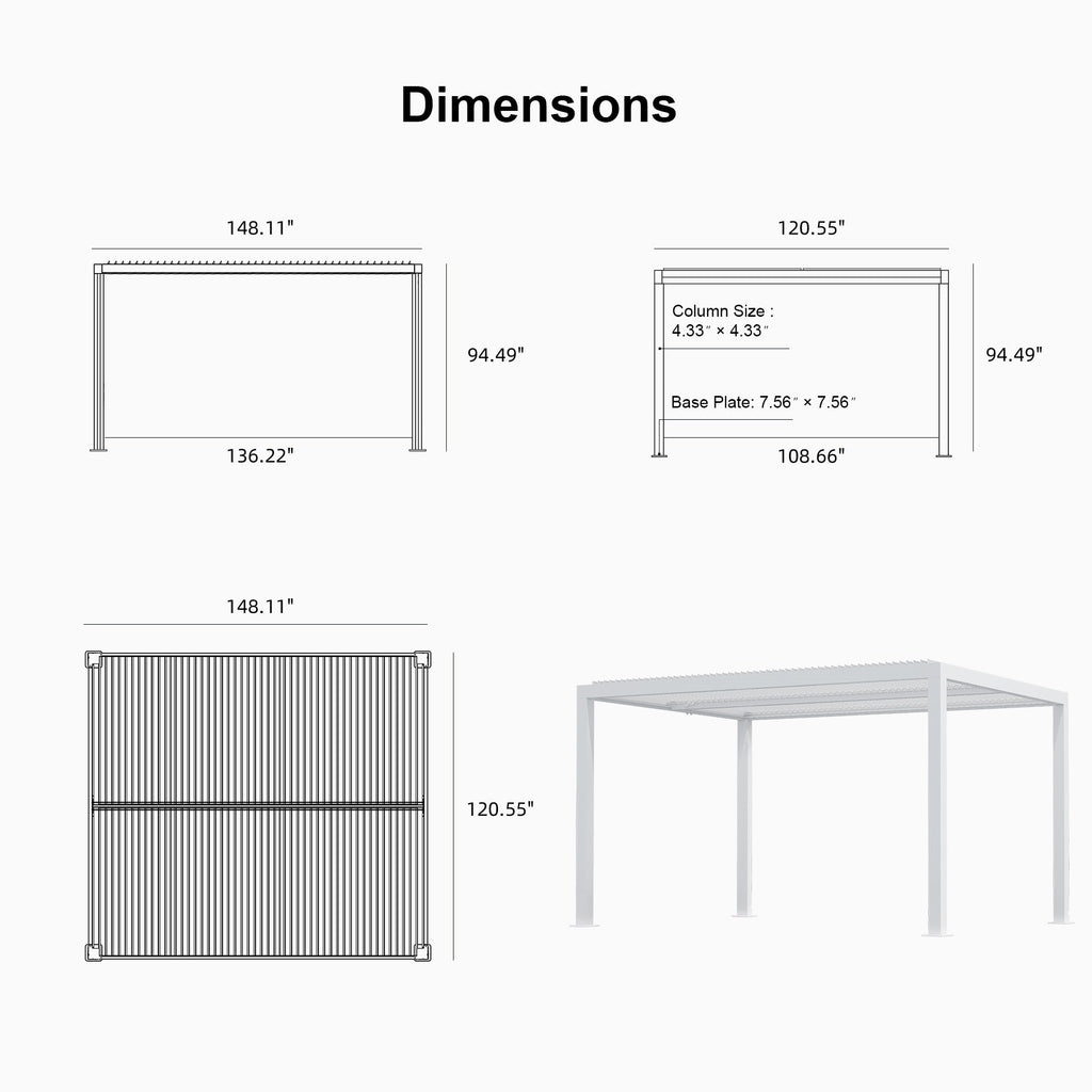PURPLE LEAF Athena Louvered Pergola white Outdoor Aluminum Pergola with Shutter Wall Adjustable Gazebo Rainproof for Patio Deck Garden