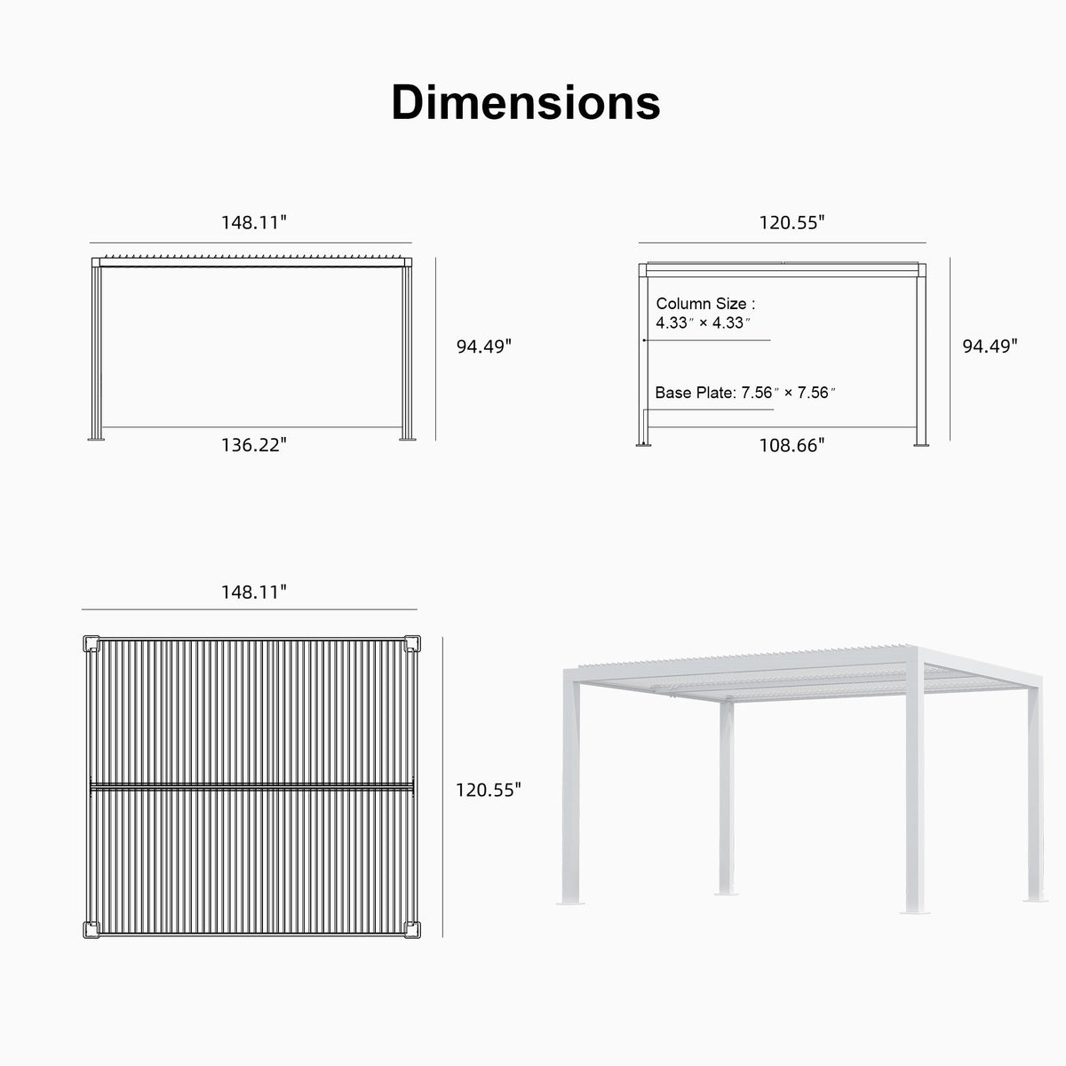 PURPLE LEAF Athena Louvered Pergola White Outdoor Aluminum Pergola with Roller Blind Adjustable Gazebo for Patio Deck Garden