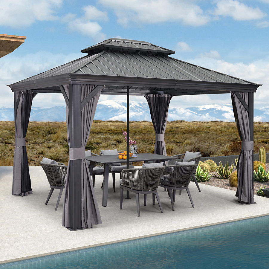 PURPLE LEAF Patio Gazebo for Backyard Grey Hardtop Galvanized Steel Roof Awning with Reinforcement Support Rod