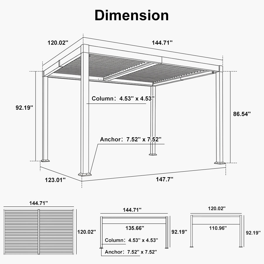 PURPLE LEAF Caesar LED Louvered Pergola with Integrated Solar Strip Lights Adjustable Aluminum Louvers Wind Resistant Pergolas for Patio Dining Deck Garden Yard White