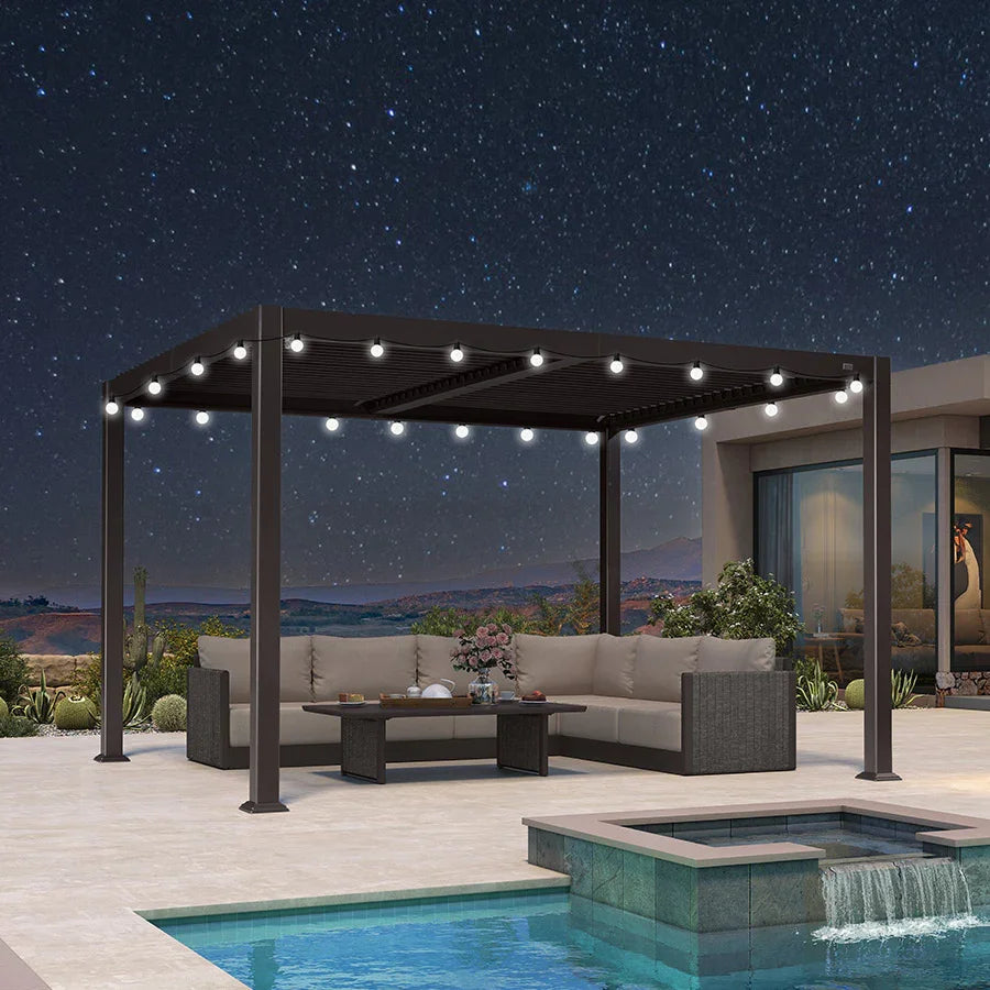 PURPLE LEAF Caesar Louvered Pergola Outdoor Adjustable Louvre Shade Modern Patio Aluminum Pergola with  Milky Lights