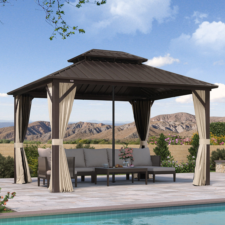 PURPLE LEAF Hardtop Gazebo Featuring Galvanized Steel Double Roof and Bronze Aluminum Frame with Curtains Netting and Reinforcement Support Rods