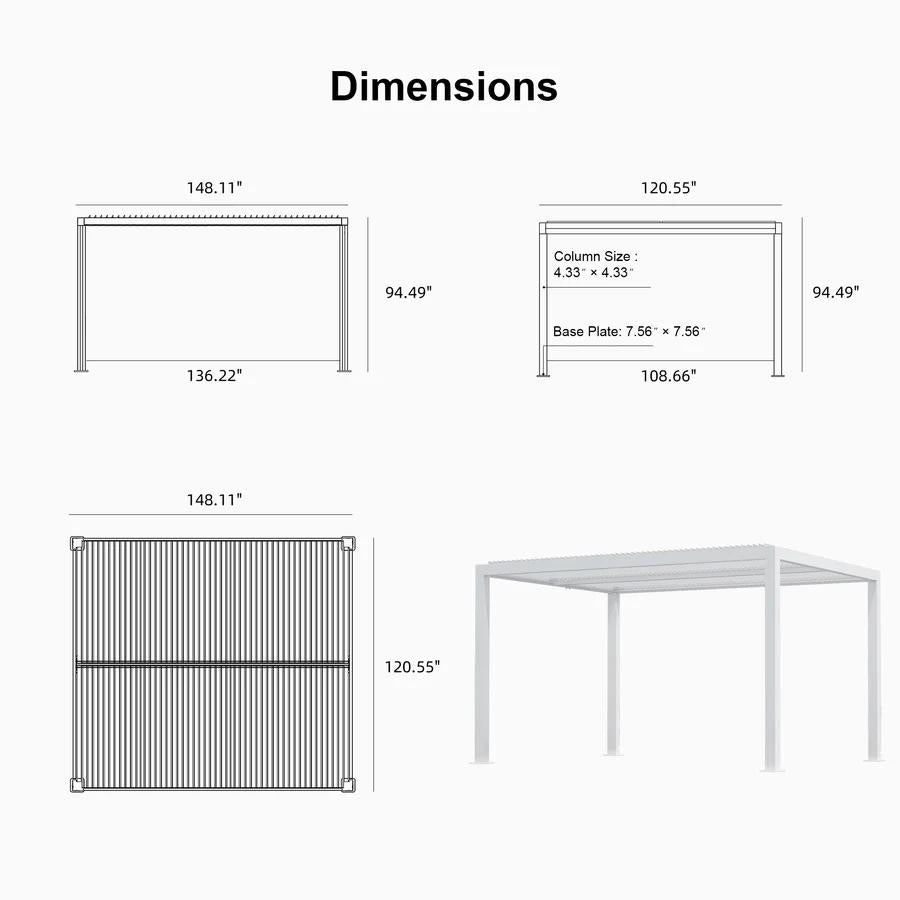 PURPLE LEAF Athena Louvered Pergola White Outdoor Aluminum Pergola with Solid Color Roller Blind Adjustable Gazebo for Patio Deck Garden