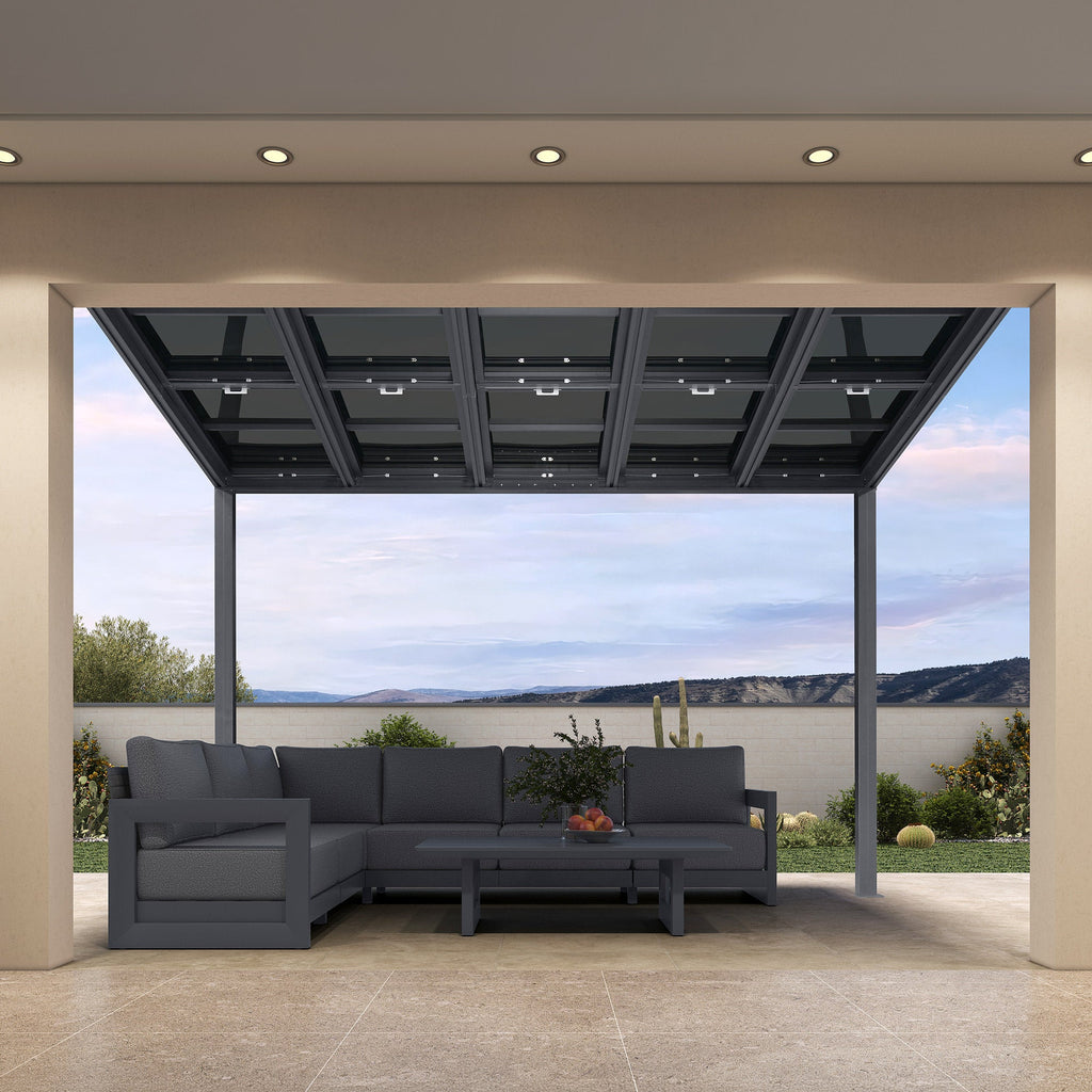 PURPLE LEAF Wall Mounted Gazebo with Gray Polycarbonate Roof Aluminum Frame Patio Cover with Retractable Pleated Shades for Porch