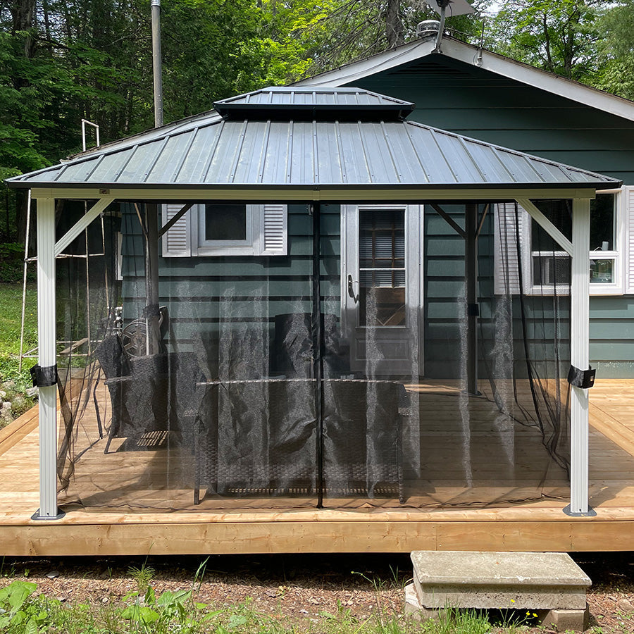 PURPLE LEAF Modern Gazebo Grey Hardtop Galvanized Steel Double Roof White Aluminum Poles with Curtains and Netting with Lights-milky