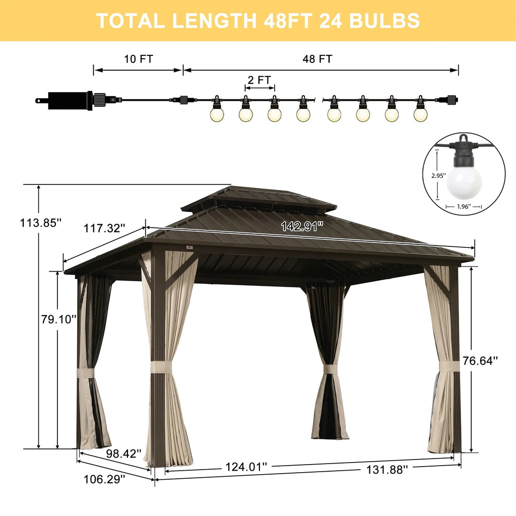 PURPLE LEAF Hardtop Gazebo Featuring Galvanized Steel Double Roof and Bronze Aluminum Frame with Curtains and Netting for Backyard with Lights-milky