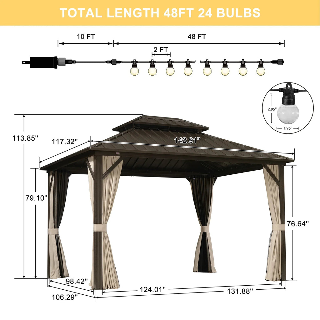 PURPLE LEAF Hardtop Gazebo Featuring Galvanized Steel Double Roof and Bronze Aluminum Frame with Curtains and Netting for Poolside with Lights-clear