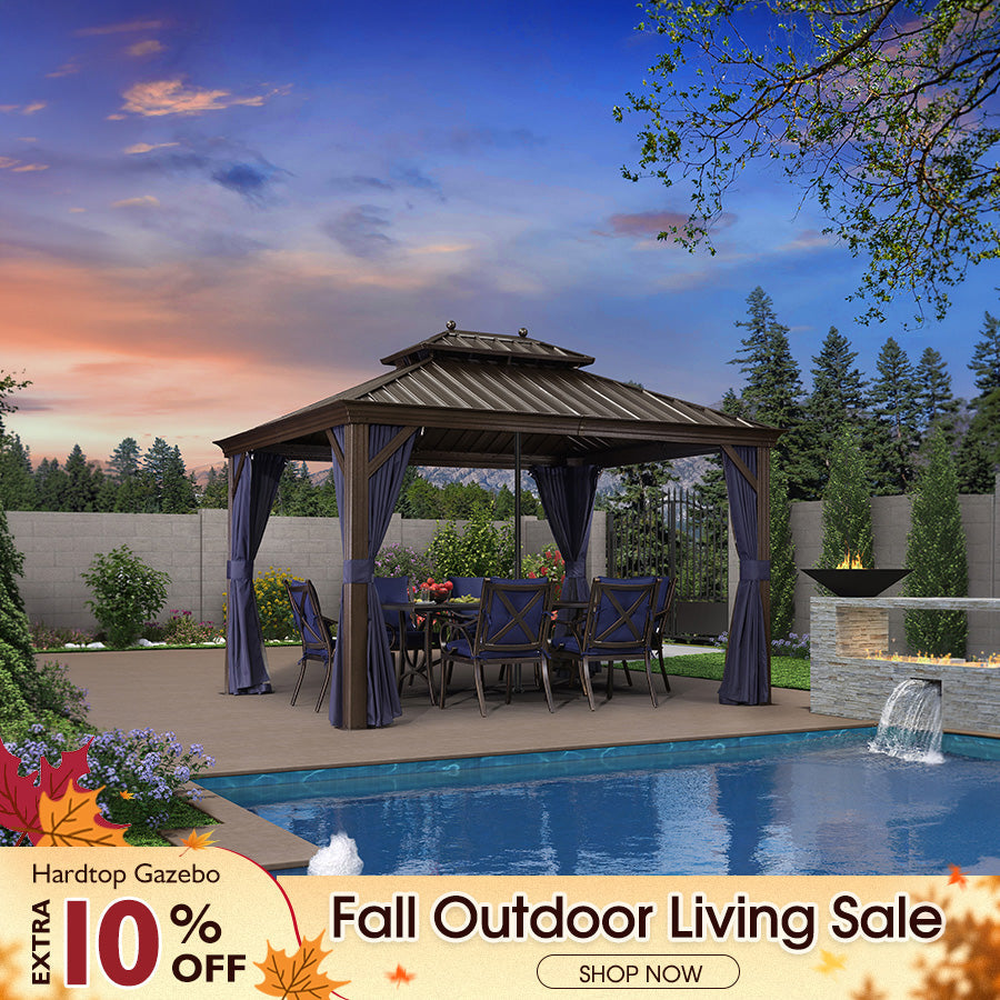 PURPLE LEAF Outdoor Hardtop Gazebo for Patio Bronze Aluminum Frame Pavilion with Navy-Blue Curtain and Reinforced Support Rods