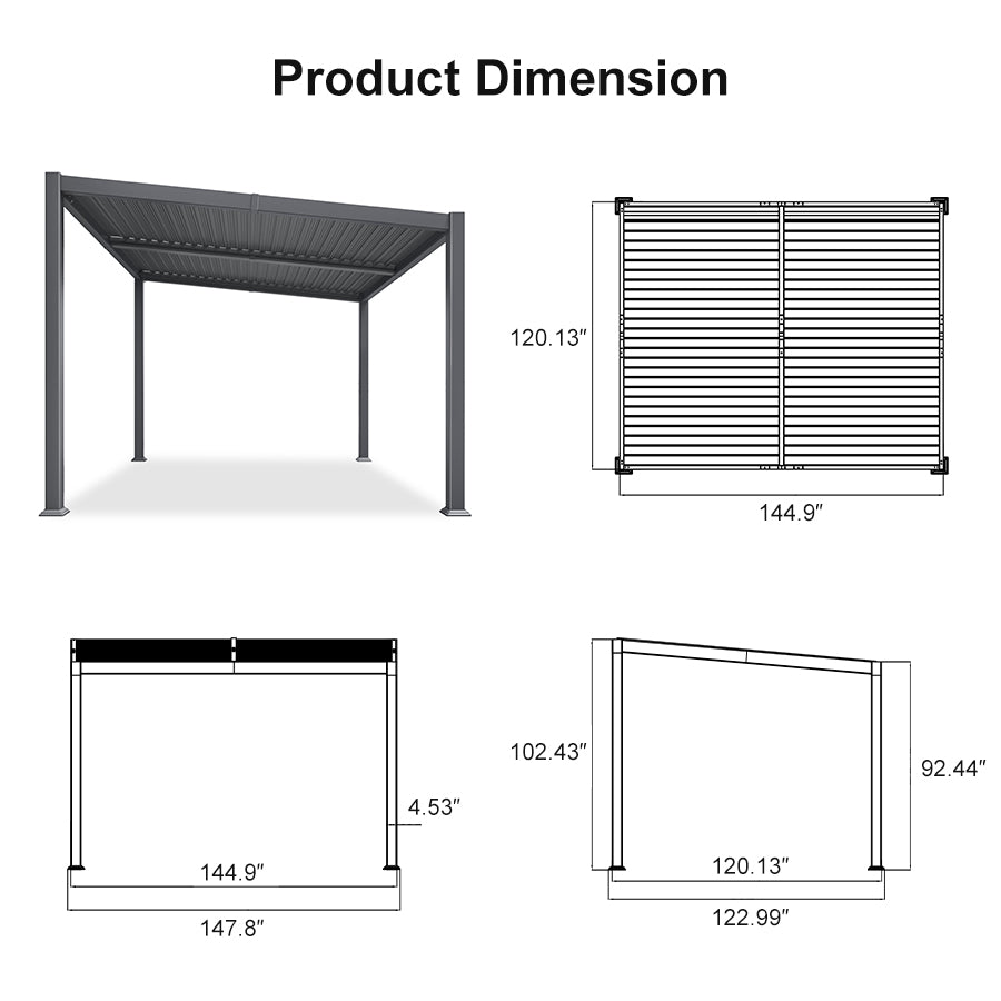 PURPLE LEAF Caesar Hardtop Louvered Pergola, Slanted Roof Outdoor Aluminum Patio Pergola with Adjustable Rainproof Roof, Heavy-Duty Lean to Gazebo for Patios Backyard Deck, Gray