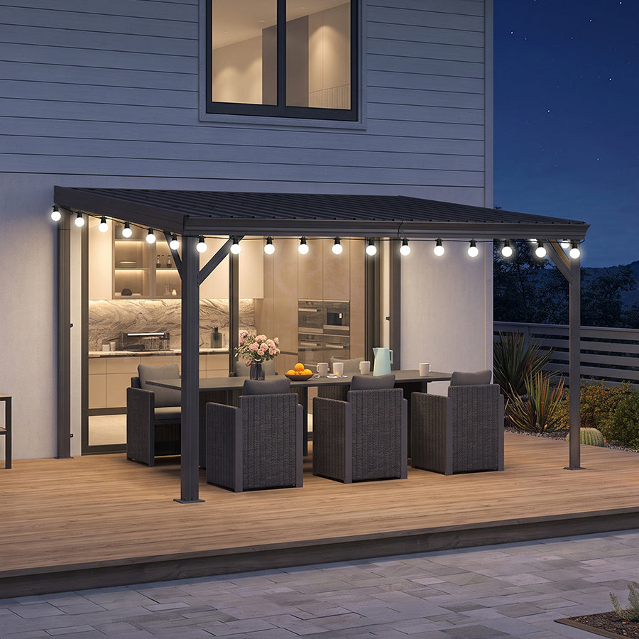PURPLE LEAF Lean to Gazebo Metal Roof Patio Cover Built-in Drain Slots Wall Mounted Gazebo with Lights-milky for Outdoor Extension
