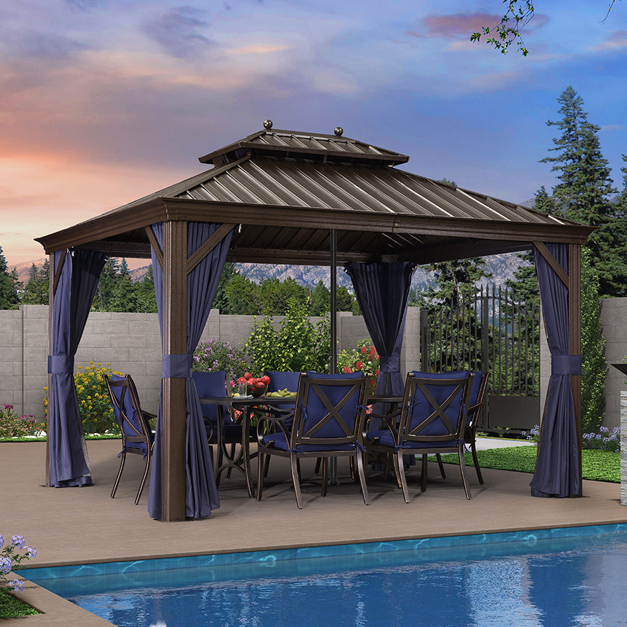 PURPLE LEAF Outdoor Hardtop Gazebo for Patio Bronze Aluminum Frame Pavilion with Navy-Blue Curtain and Reinforced Support Rods
