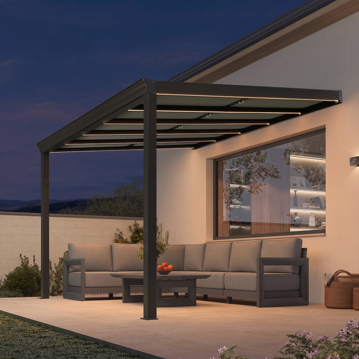 PURPLE LEAF Wall Mounted Gazebo with Gray Polycarbonate Roof Aluminum Frame Patio Cover with Retractable Pleated Shades and LED Strip Light