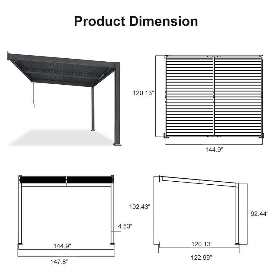 PURPLE LEAF Caesar Wall Mounted Louvered Pergola, All-Aluminum Patio Cover with Adjustable Roof, Hidden Gutter Drainage, Lean-to Pergola for Deck, Backyard, Porch, Dark Gray