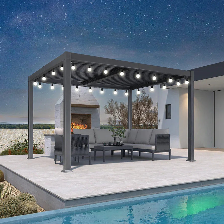 PURPLE LEAF Caesar Louvered Pergola with Milky String Lights Patio Aluminum Pergola with Independent Adjustable Rainproof Roof Hardtop Pergola for Outdoor Deck Garden Yard
