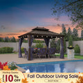 PURPLE LEAF Outdoor Hardtop Gazebo for Patio Bronze Aluminum Frame Pavilion with Navy-Blue Curtain and String Lights-clear