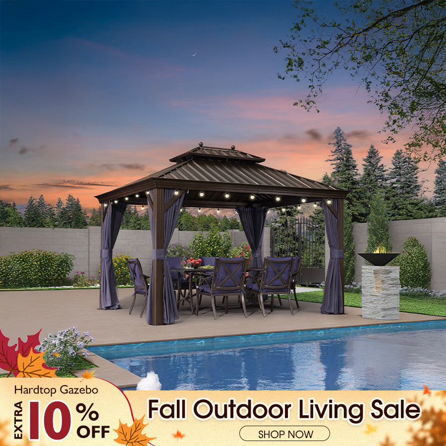 PURPLE LEAF Outdoor Hardtop Gazebo for Patio Bronze Aluminum Frame Pavilion with Navy-Blue Curtain and String Lights-clear