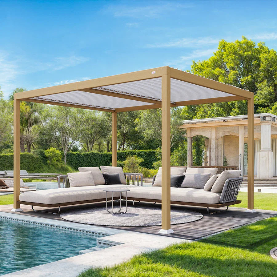 PURPLE LEAF Caesar Louvered Pergola Outdoor Wood Grain Aluminum Pergola with Adjustable Roof Patio Hardtop Gazebo for Backyard Garden