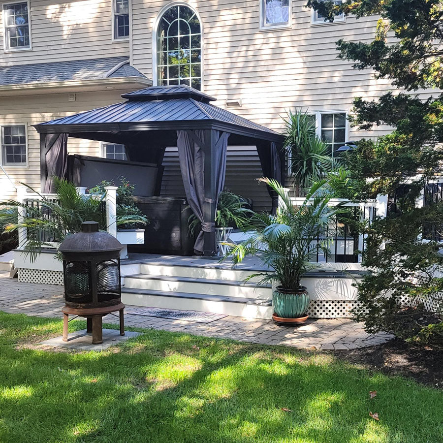 PURPLE LEAF Patio Gazebo for Backyard Grey Hardtop Galvanized Steel Roof Awning with String Lights-clear