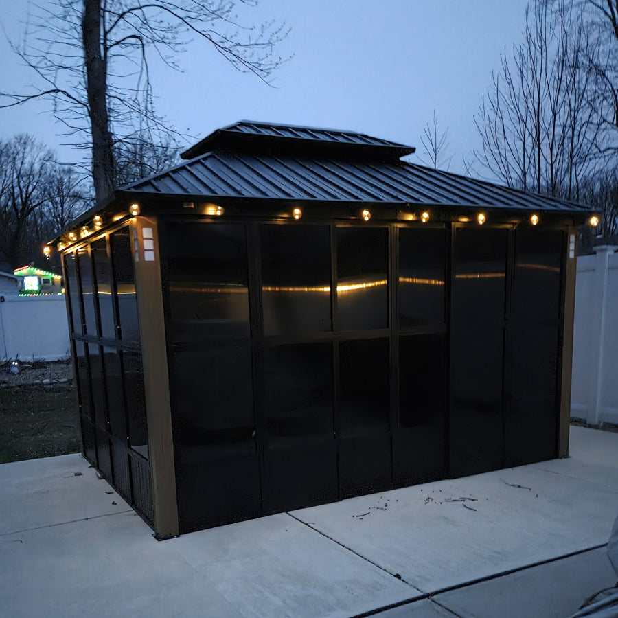 PURPLE LEAF Sunroom Hardtop Gazebo with Wood Grain Columns Black Frame Double Roof Galvanized Steel Solarium All-Weather Screen House with String Lights