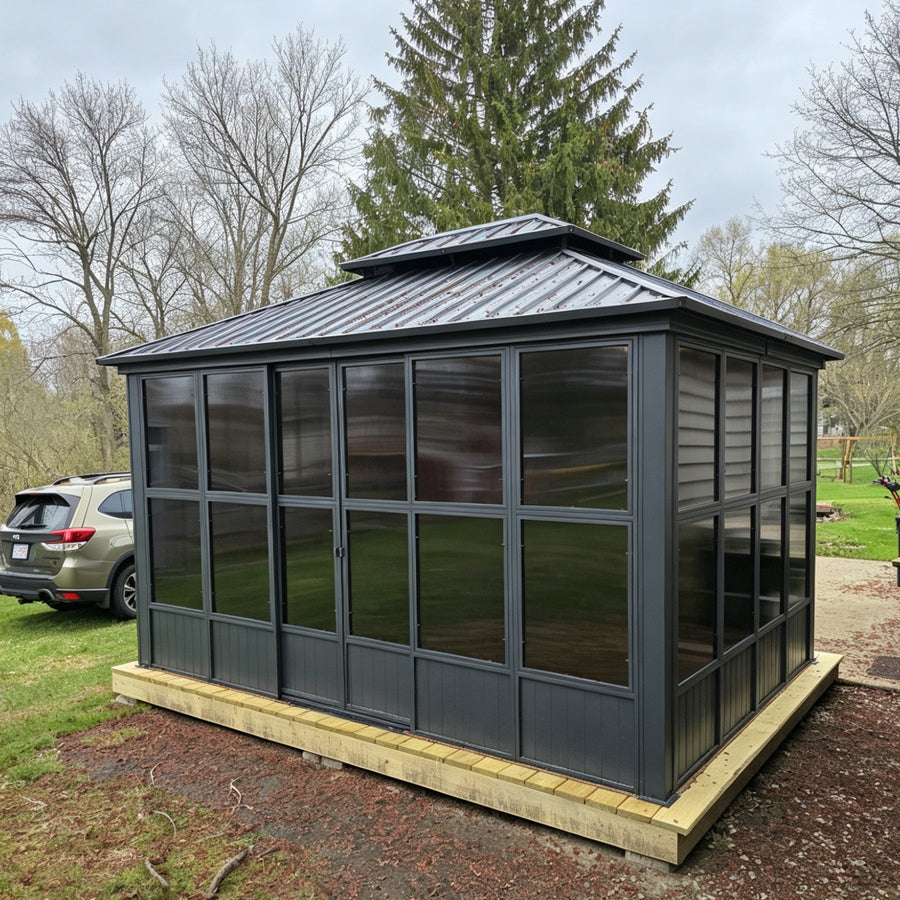 PURPLE LEAF Sunroom Hardtop Gazebo Solarium Grey Galvanized Steel Double Roof  All-Weather Aluminum Outdoor Screen House with String Lights