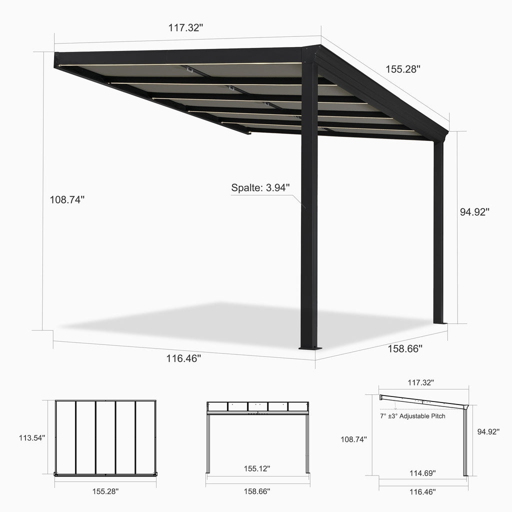 PURPLE LEAF Wall Mounted Gazebo with Gray Polycarbonate Roof Aluminum Frame Patio Cover with Retractable Pleated Shades and LED Strip Light
