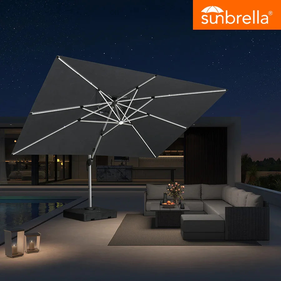 PURPLE LEAF SUNBRELLA Solar Cantilever Umbrella with Lights, Large Umbrellas For Outdoor Patio