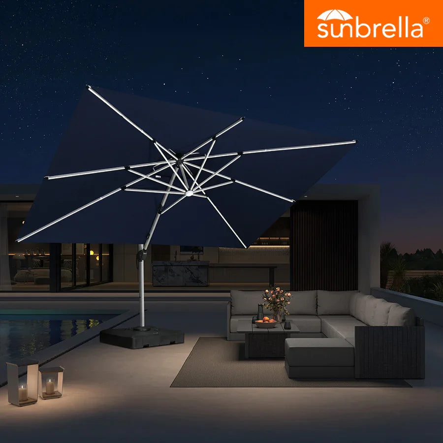 PURPLE LEAF SUNBRELLA Solar Cantilever Umbrella with Lights, Large Umbrellas For Outdoor Patio