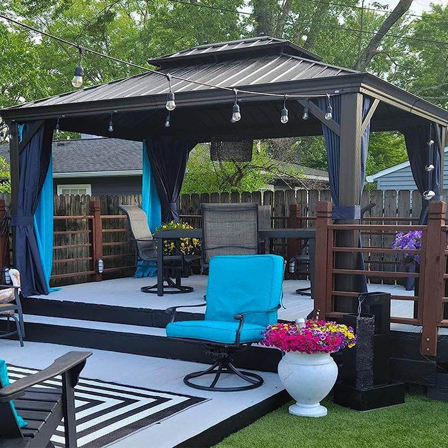 PURPLE LEAF Outdoor Hardtop Gazebo for Patio Bronze Aluminum Frame Pavilion with Navy-Blue Curtain and Reinforced Support Rods