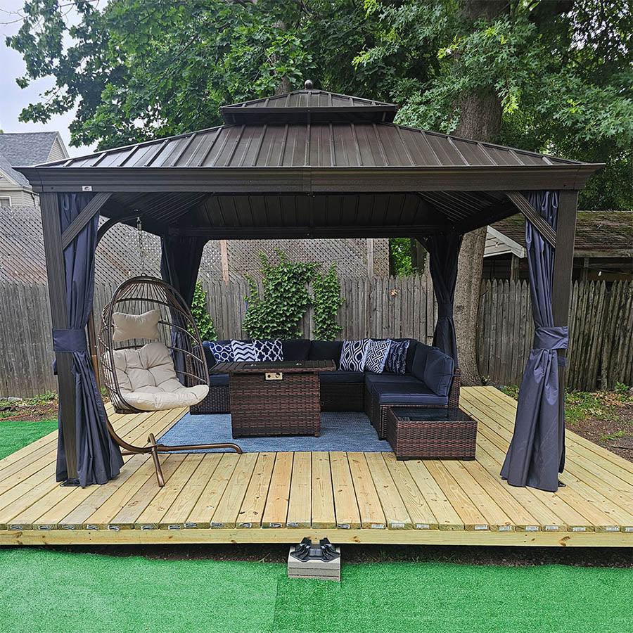 PURPLE LEAF Outdoor Hardtop Gazebo for Patio Bronze Aluminum Frame Pavilion with Navy-Blue Curtain and String Lights-milky