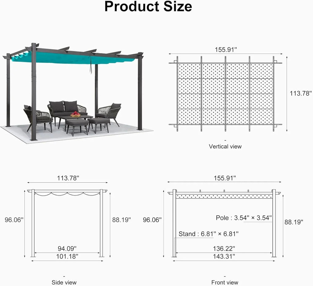 PURPLE LEAF Outdoor Pergola with Retractable Canopy Aluminum Shelter for Beach Porch Garden  Shade Pavilion Pergola  with Curtains