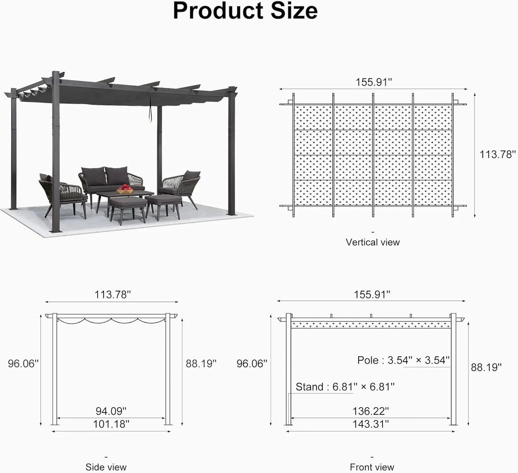 PURPLE LEAF Outdoor Pergola with Retractable Canopy Aluminum Shelter for Beach Porch Garden  Shade Pavilion Pergola  with Curtains