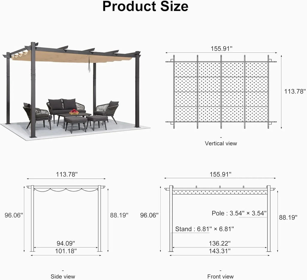 PURPLE LEAF Outdoor Pergola with Retractable Canopy Aluminum Shelter for Beach Porch Garden  Shade Pavilion Pergola  with Curtains