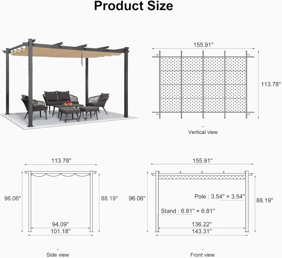 PURPLE LEAF Outdoor Pergola with Retractable Canopy Aluminum Shelter for Beach Porch Garden  Shade Pavilion Pergola  with Curtains