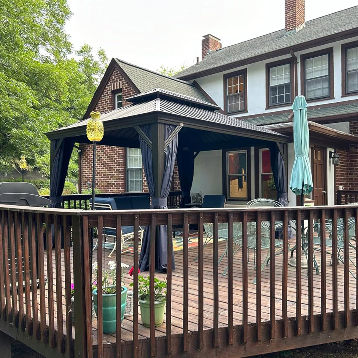 PURPLE LEAF Outdoor Hardtop Gazebo for Patio Bronze Aluminum Frame Pavilion with Navy-Blue Curtain and String Lights-clear