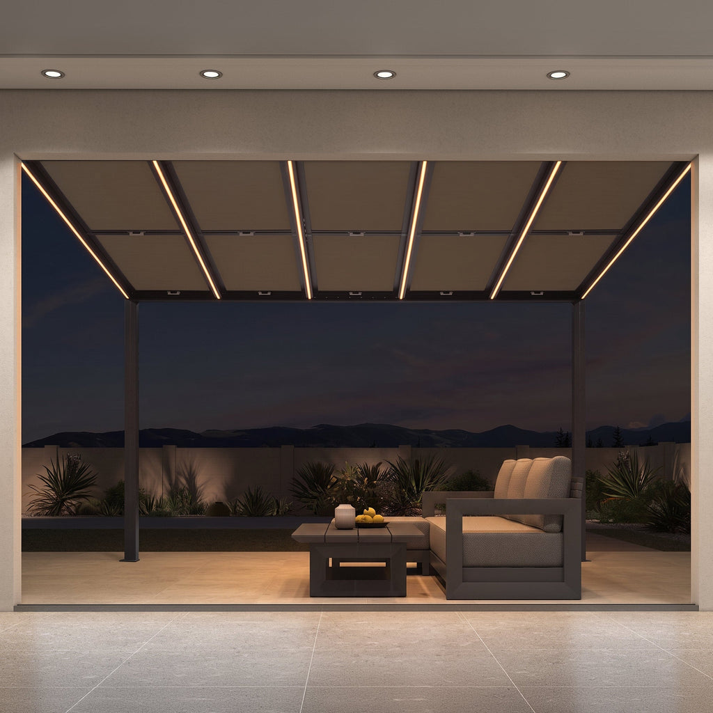 PURPLE LEAF Wall Mounted Gazebo with Gray Polycarbonate Roof Aluminum Frame Patio Cover with Retractable Pleated Shades and LED Strip Light