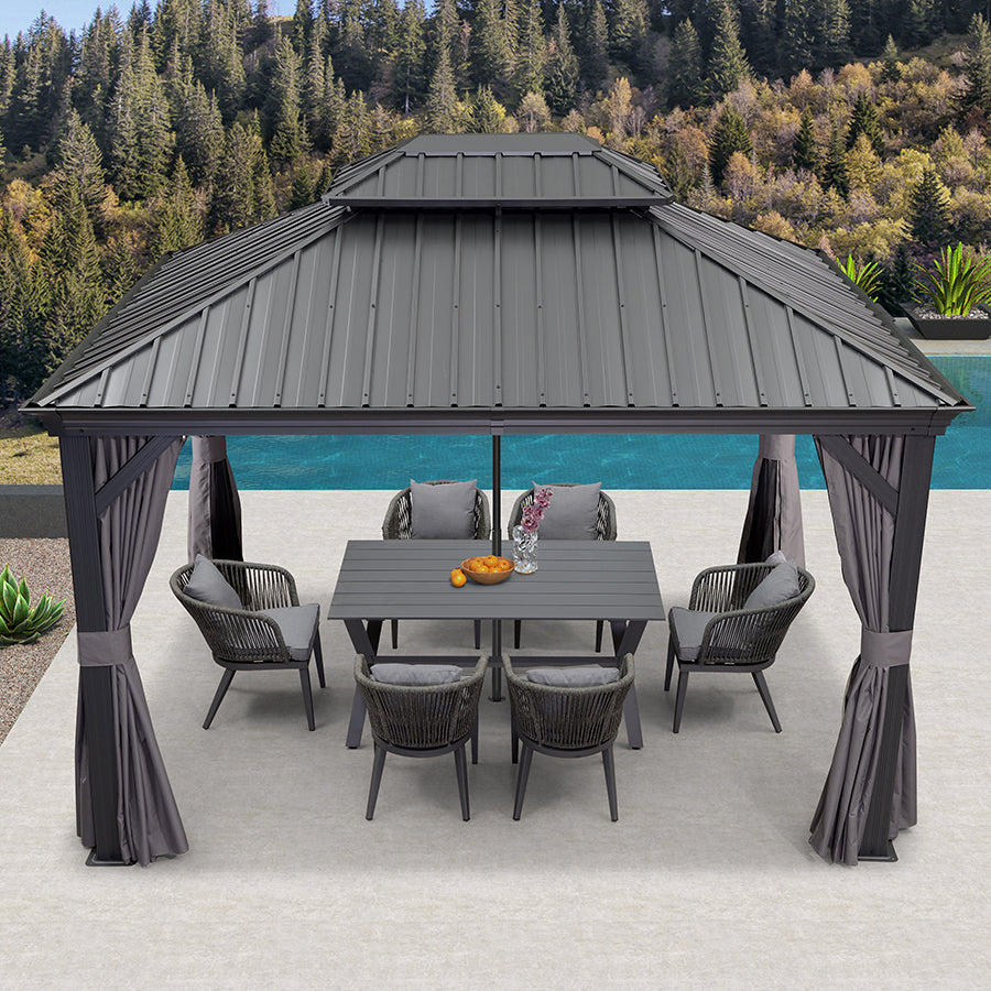 PURPLE LEAF Patio Gazebo for Backyard Grey Hardtop Galvanized Steel Roof Awning with Reinforcement Support Rod