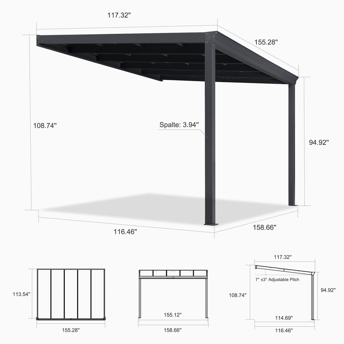 PURPLE LEAF Wall Mounted Gazebo with Gray Polycarbonate Roof Aluminum Frame Patio Cover for Porch