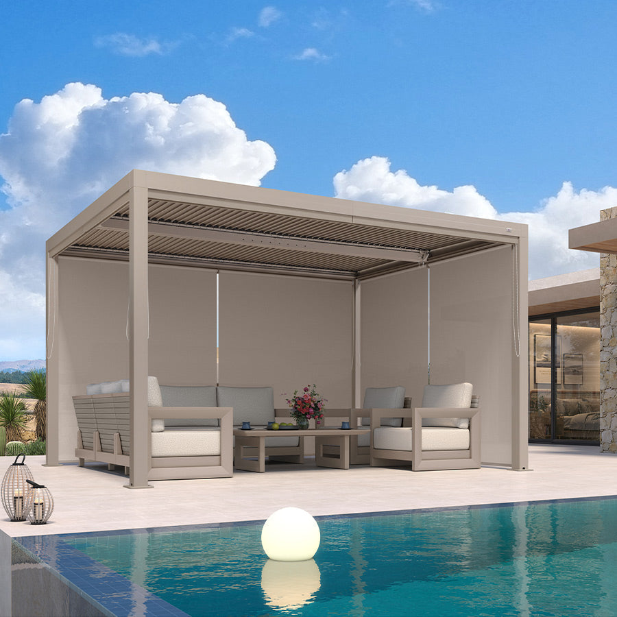 PURPLELEAF – Stores enrouleurs extérieurs Champagne unis pour pergolas à lames orientables, isolation thermique, tissu UV et imperméable, protection de l’intimité
