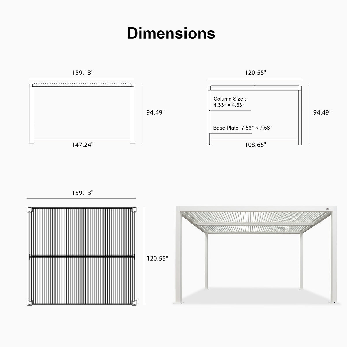 PURPLE LEAF Athena Louvered Pergola White Outdoor Aluminum Pergola with Roller Blind Adjustable Gazebo for Patio Deck Garden