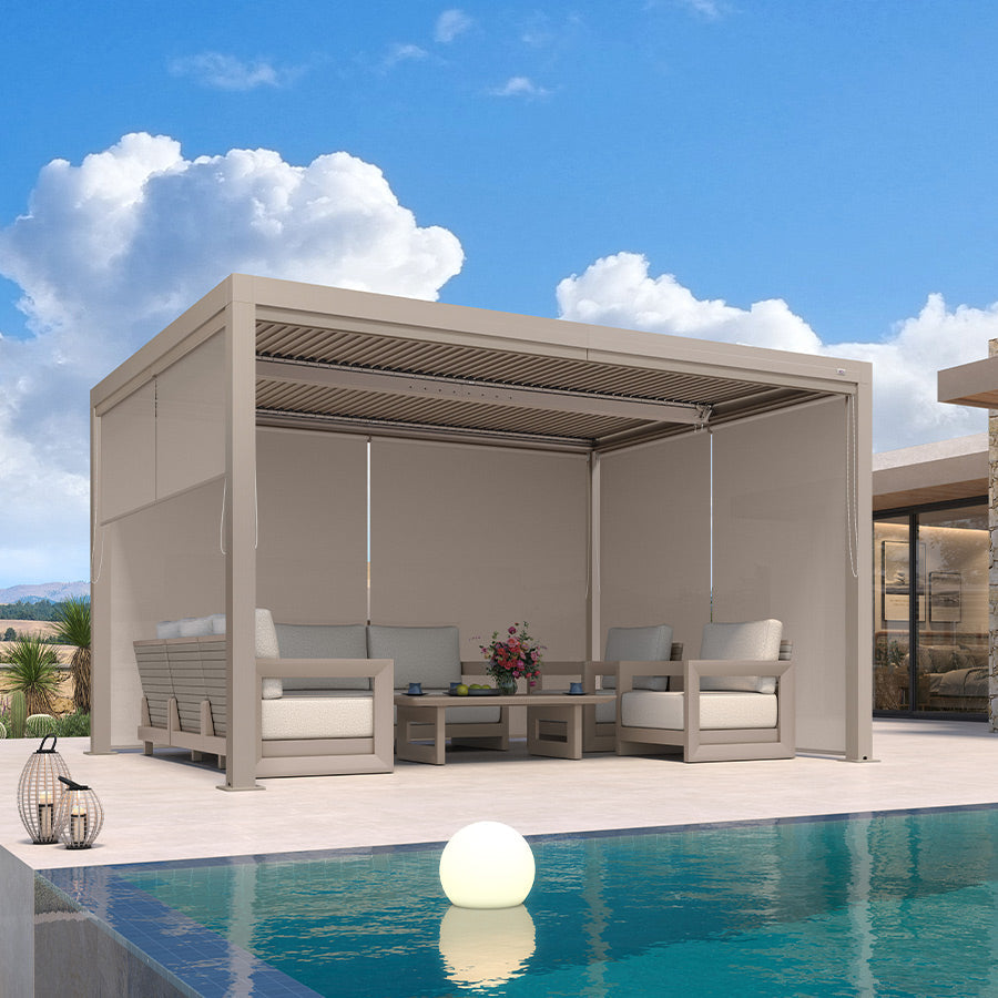 PURPLELEAF – Stores enrouleurs extérieurs Champagne unis pour pergolas à lames orientables, isolation thermique, tissu UV et imperméable, protection de l’intimité