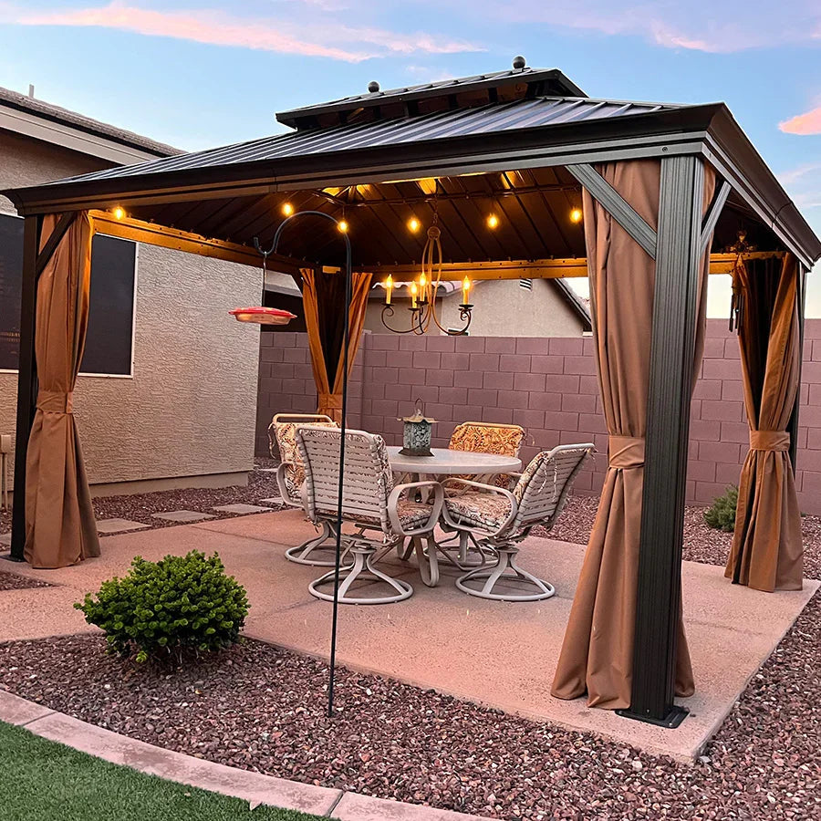 PURPLE LEAF Outdoor Hardtop Gazebo for Garden Bronze Double Roof Aluminum Frame Pavilion with String Lights-clear