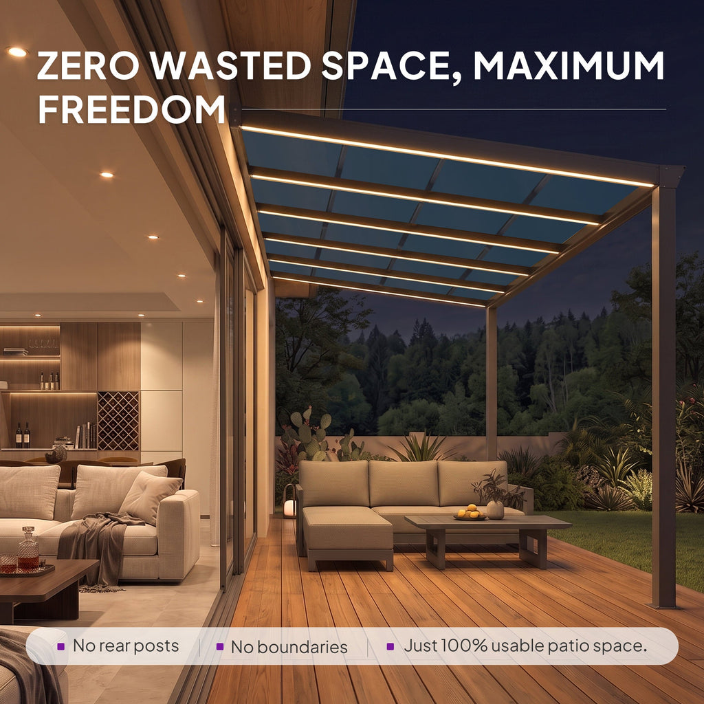 PURPLE LEAF Wall Mounted Gazebo with Gray Polycarbonate Roof Aluminum Frame Patio Cover with Strip Light for Porch