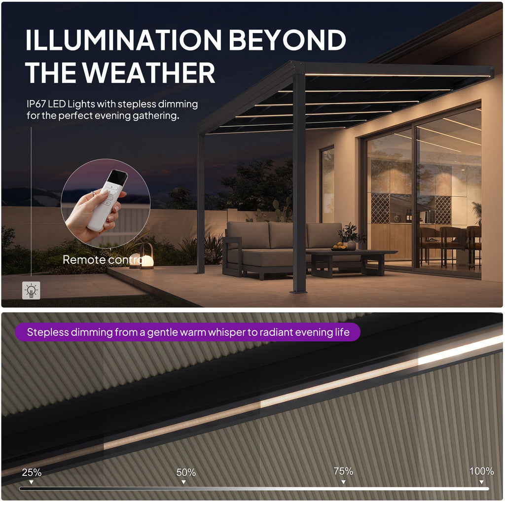 PURPLE LEAF Wall Mounted Gazebo with Gray Polycarbonate Roof Aluminum Frame Patio Cover with Strip Light for Porch