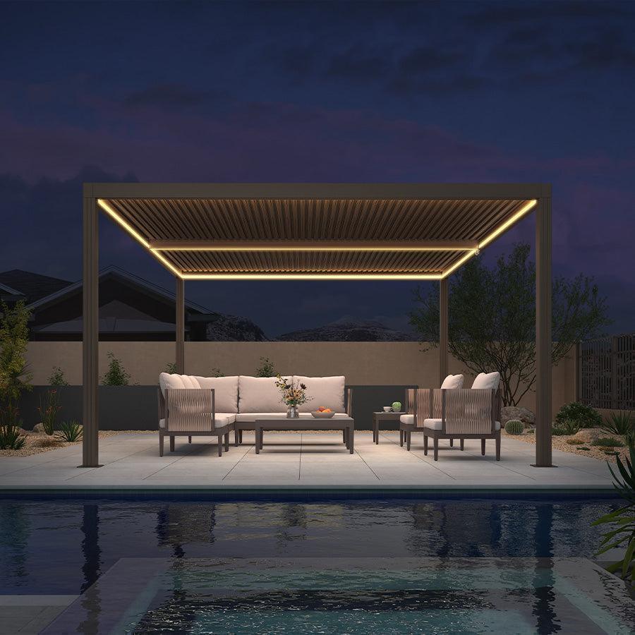 PURPLE LEAF Athena Louvered Pergola Bronze Outdoor Aluminum Pergola with Strip Lights Adjustable Gazebo for Patio Deck Garden