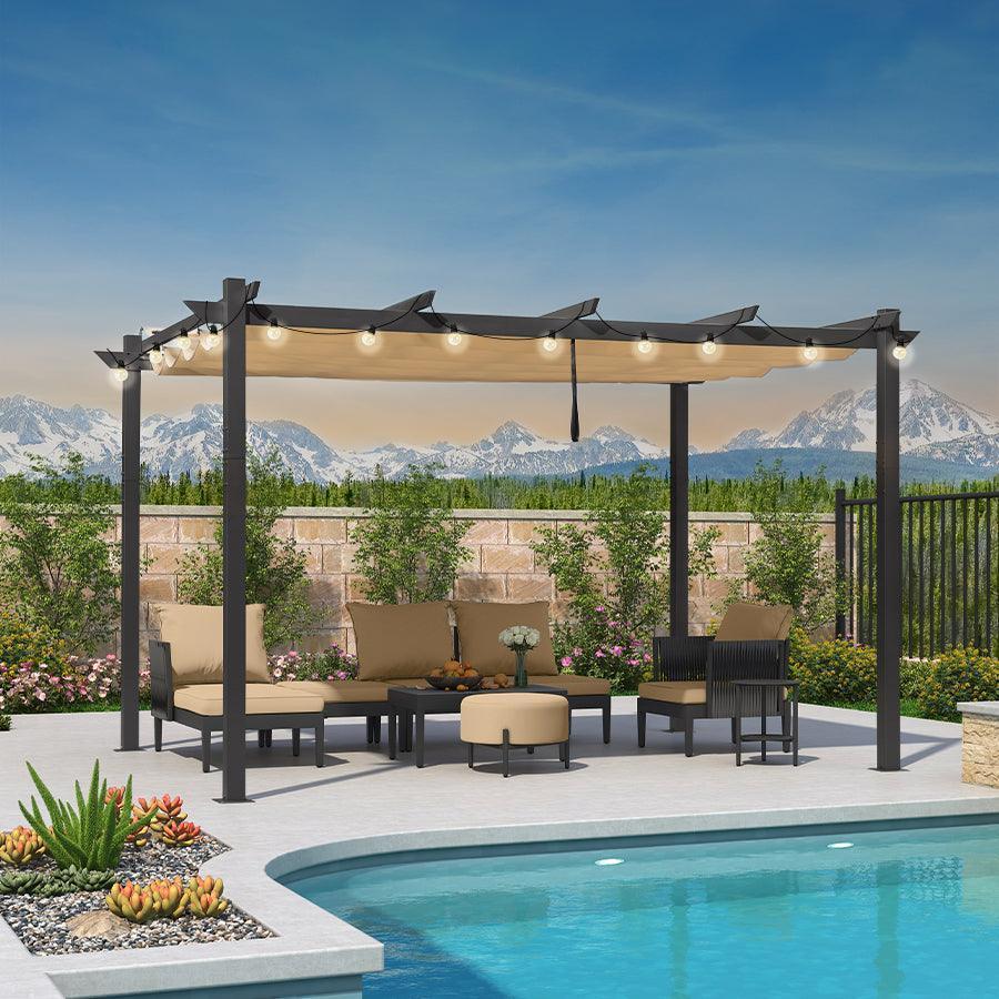 PURPLE LEAF Outdoor Retractable Pergola with Sun Shade Canopy Patio Aluminum Pergola With Curtains